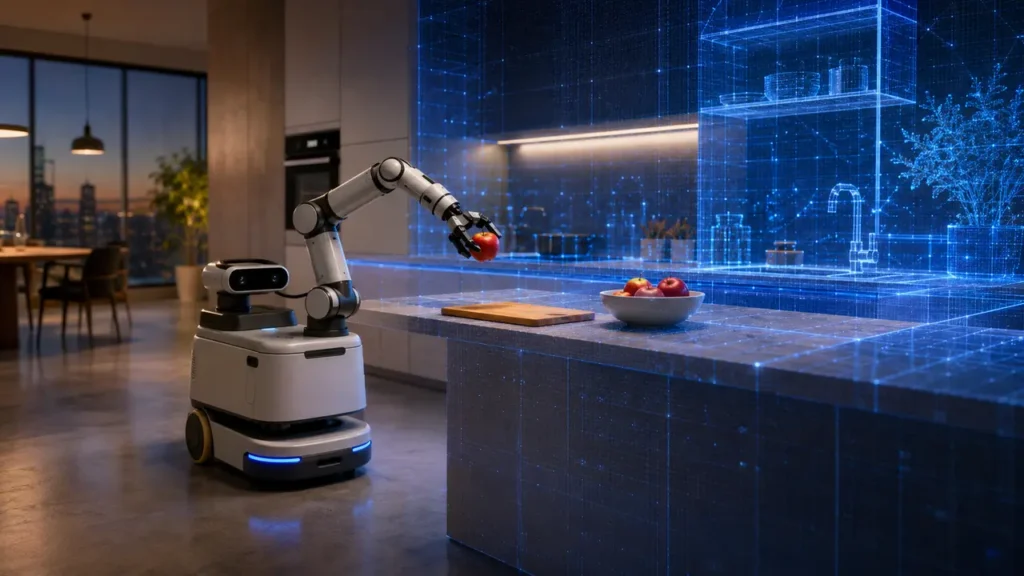 Robô treinando em uma cozinha virtual criada por inteligência artificial