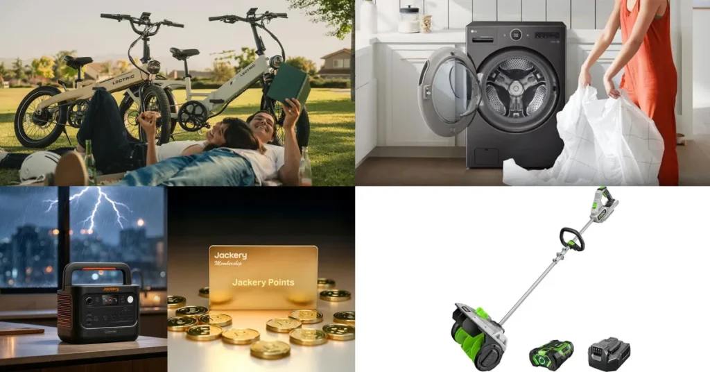 Equipamentos eletrônicos e bicicletas elétricas em exibição