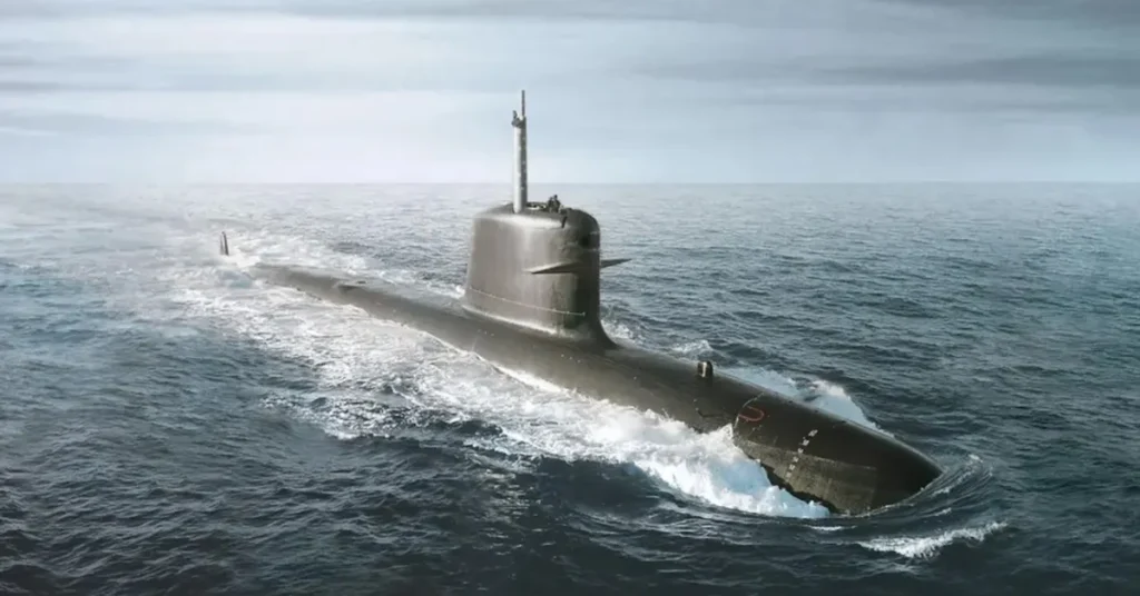 Interior de um submarino moderno com sistemas de energia avançados