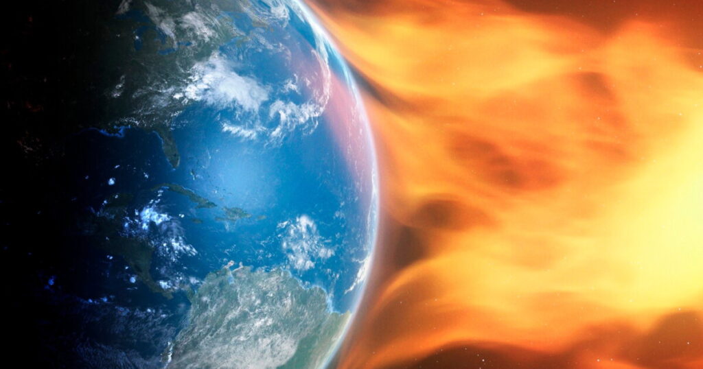 Representação artística de uma ejeção de massa coronal atingindo a Terra.